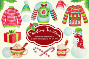 Christmas Sweaters & Hot Chocolate Watercolor Clipart - SLSLines