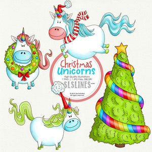 Christmas Unicorns with Clouds & Tree - SLSLines