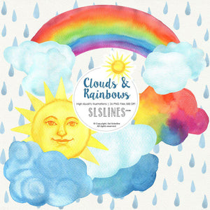 Clouds & Rainbows Watercolor Clipart - SLSLines
