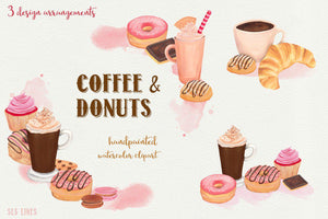 Coffee & Donuts Bakery Watercolor Clipart - SLSLines