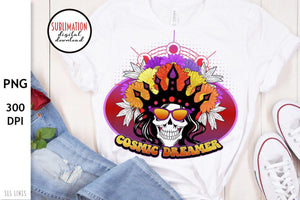 Cosmic Dreamer Retro PNG - Flower Skull T-Shirt Designs - SLSLines