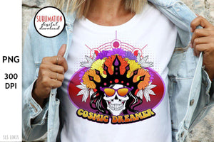 Cosmic Dreamer Retro PNG - Flower Skull T-Shirt Designs - SLSLines