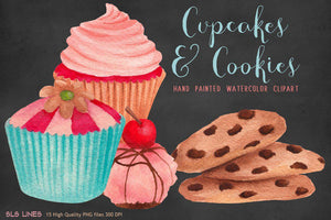 Cupcakes & Cookies Watercolor Clipart - SLSLines