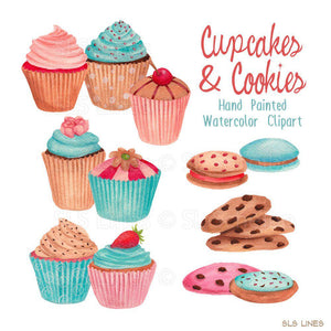 Cupcakes & Cookies Watercolor Clipart - SLSLines