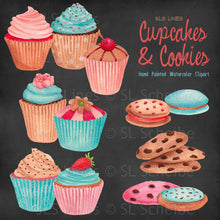 Load image into Gallery viewer, Cupcakes &amp; Cookies Watercolor Clipart - SLSLines