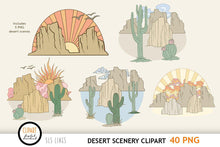 Load image into Gallery viewer, Desert Scenery Clipart - Cactus, Cliffs &amp; Sunshine PNGs - SLSLines