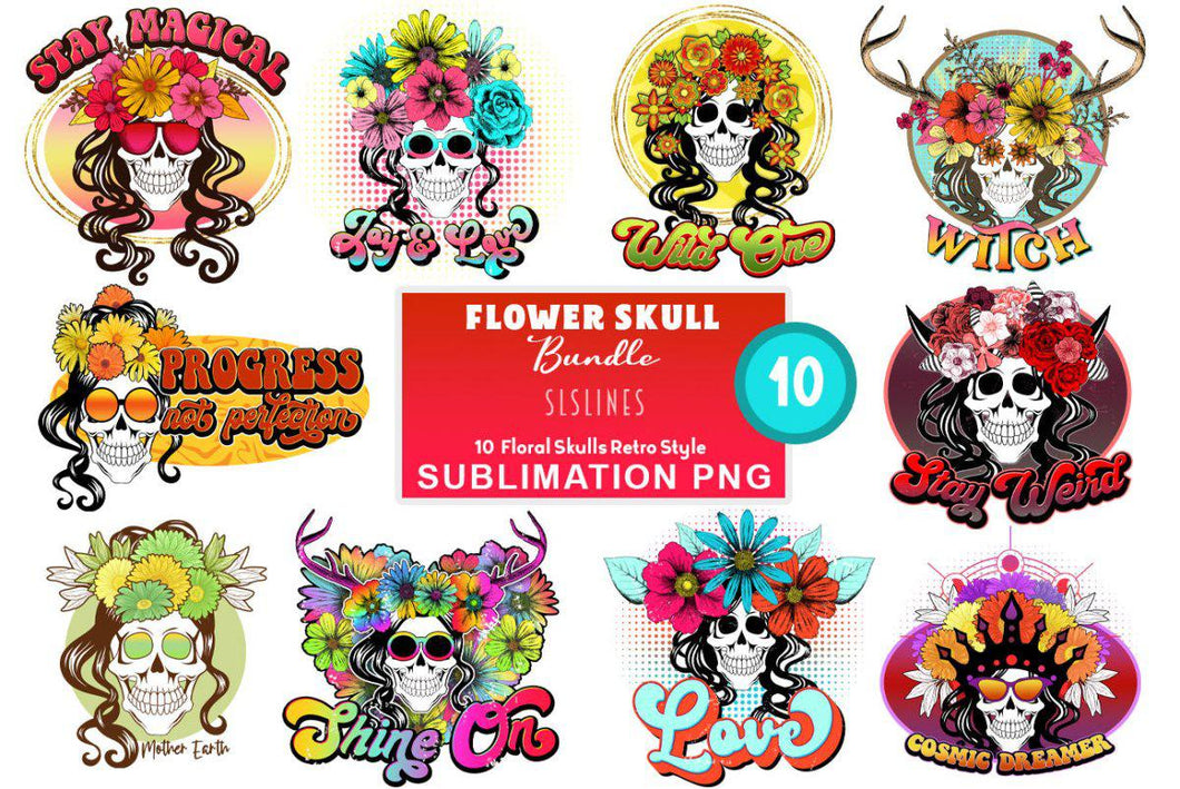 Flower Skull Sublimation Bundle - Retro Inspirational PNG Designs - SLSLines