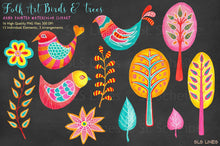 Load image into Gallery viewer, Folk Art Birds &amp; Trees Watercolor Clipart - SLSLines