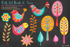 Folk Art Birds & Trees Watercolor Clipart - SLSLines