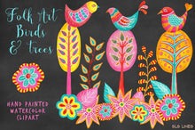 Load image into Gallery viewer, Folk Art Birds &amp; Trees Watercolor Clipart - SLSLines