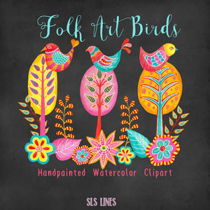 Folk Art Birds & Trees Watercolor Clipart - SLSLines
