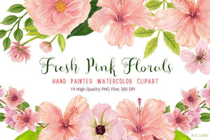 Fresh Pink Hibiscus Florals Watercolor Clipart - SLSLines