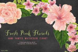 Fresh Pink Hibiscus Florals Watercolor Clipart - SLSLines
