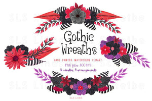 Gothic Floral Wreaths Watercolor Clipart - SLSLines