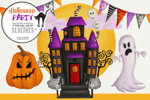 Halloween Party Ghosts, Pumpkins Spooky Clipart - SLSLines