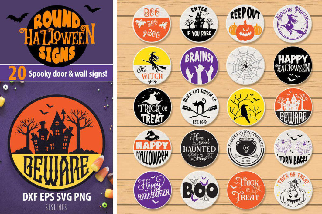 Halloween Sign Bundle | 20 Round Spooky Signs for Halloween - SLSLines