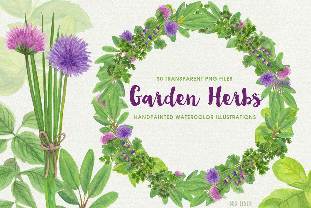Herb Garden & Herb Wreaths Watercolor Clipart - SLSLines