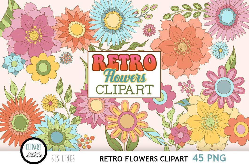 Hippie Flowers Clipart | Retro Floral Graphics PNG - SLSLines