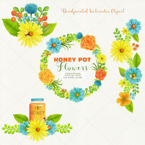 Honey Pot Flowers & Bees Watercolor Clipart - SLSLines