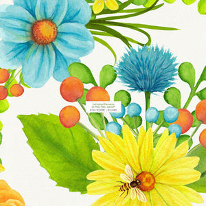 Honey Pot Flowers & Bees Watercolor Clipart - SLSLines