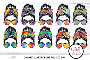 Messy Bun Clipart - Colorful Bun Head Sublimation PNGs - SLSLines