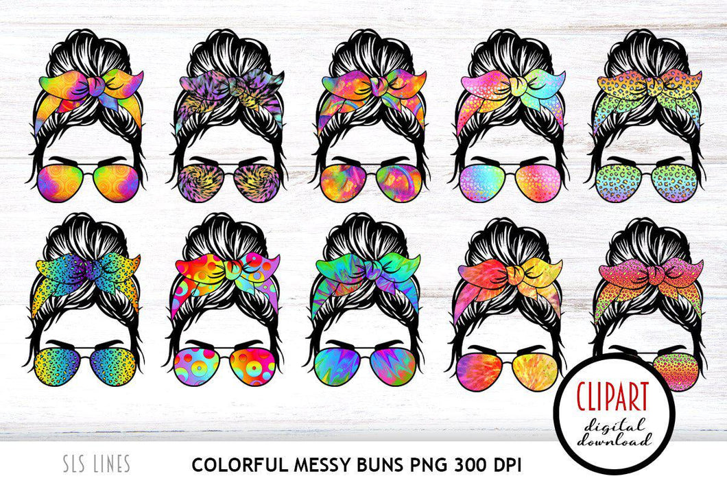 Messy Bun Clipart - Colorful Bun Head Sublimation PNGs - SLSLines