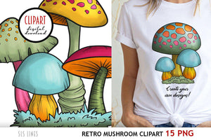 Mushroom Clipart | Retro Style Mushrooms PNG - SLSLines