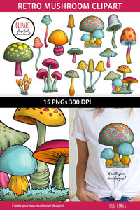 Mushroom Clipart | Retro Style Mushrooms PNG - SLSLines