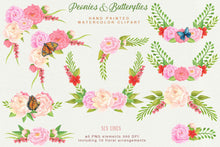 Load image into Gallery viewer, Peonies &amp; Butterflies Watercolor Clipart - SLSLines
