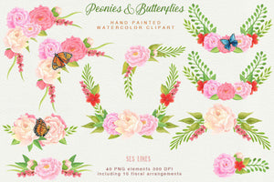 Peonies & Butterflies Watercolor Clipart - SLSLines