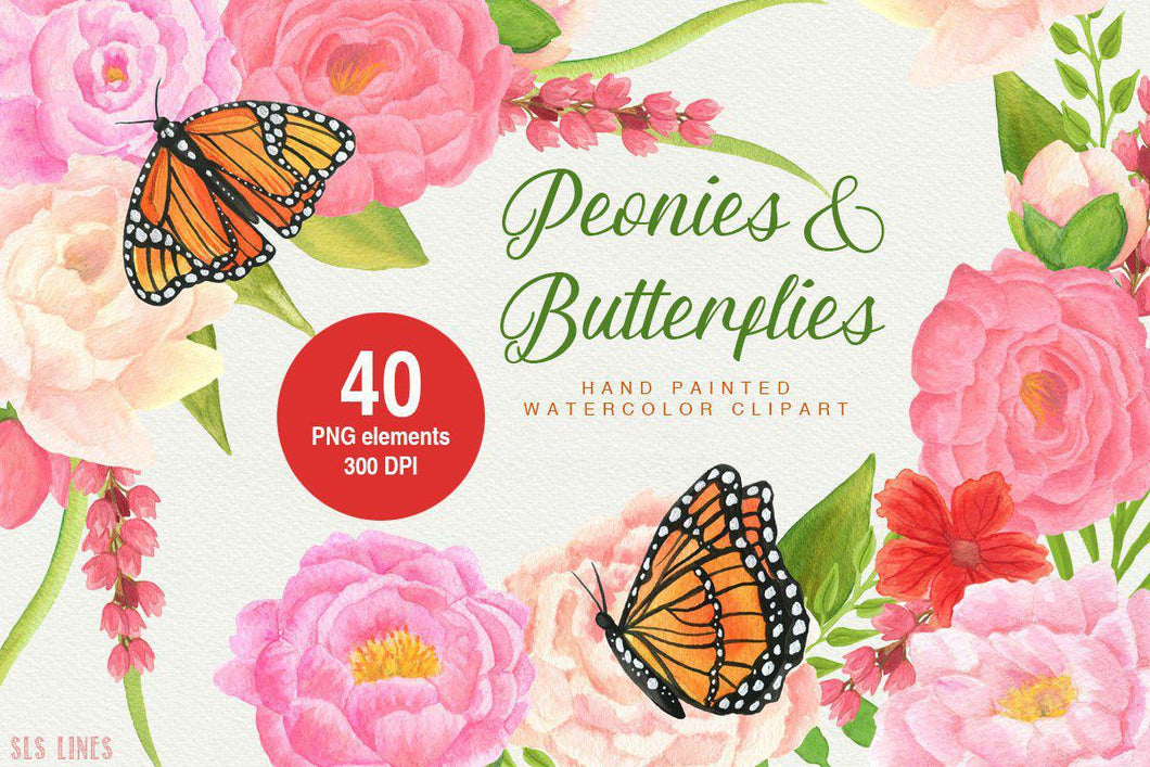 Peonies & Butterflies Watercolor Clipart - SLSLines