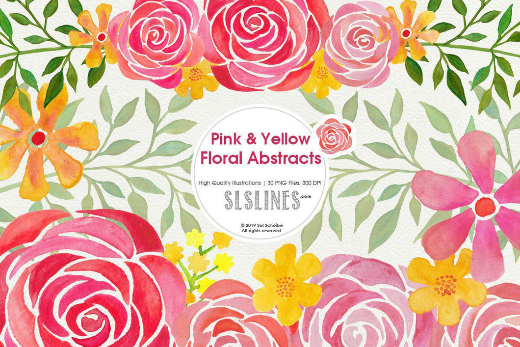 Pink & Yellow Abstract Florals Watercolor Clipart - SLSLines