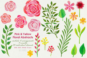 Pink & Yellow Abstract Florals Watercolor Clipart - SLSLines