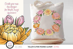 Peony Clipart - Pink & Yellow Peonies PNG Elements , SLS Lines