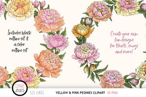 Peony Clipart - Pink & Yellow Peonies PNG Elements , SLS Lines