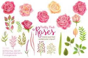 Pretty Pink Roses Watercolor Clipart - SLSLines