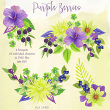 Load image into Gallery viewer, Purple Berries &amp; Flowers Watercolor Clipart Set - SLSLines