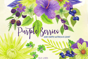 Purple Berries & Flowers Watercolor Clipart Set - SLSLines