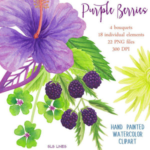 Purple Berries & Flowers Watercolor Clipart Set - SLSLines