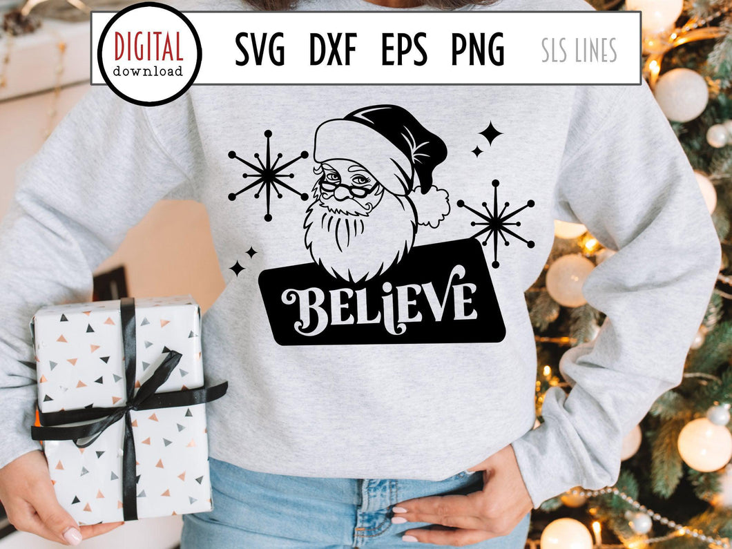 Retro Santa Claus SVG - Believe Christmas Cut File - SLSLines