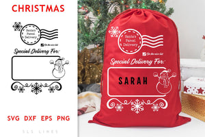 Santa Claus Sack SVG - Snowman & Snowflakes Present Bag